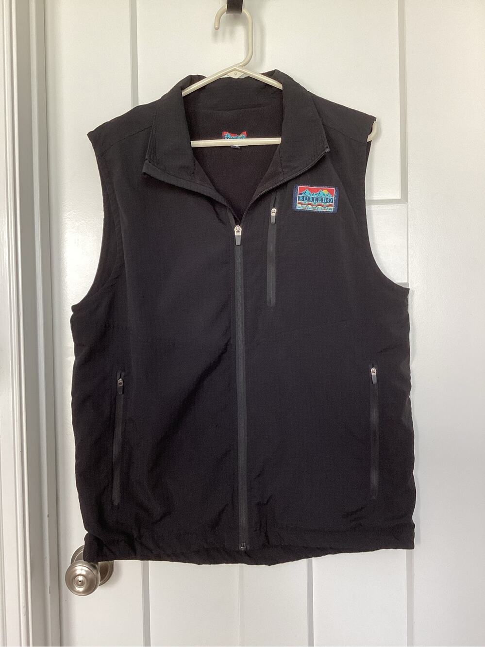 BURLEBO Mens Medium Black Fleece Full Zip Vest Mountain Patch Outdoor